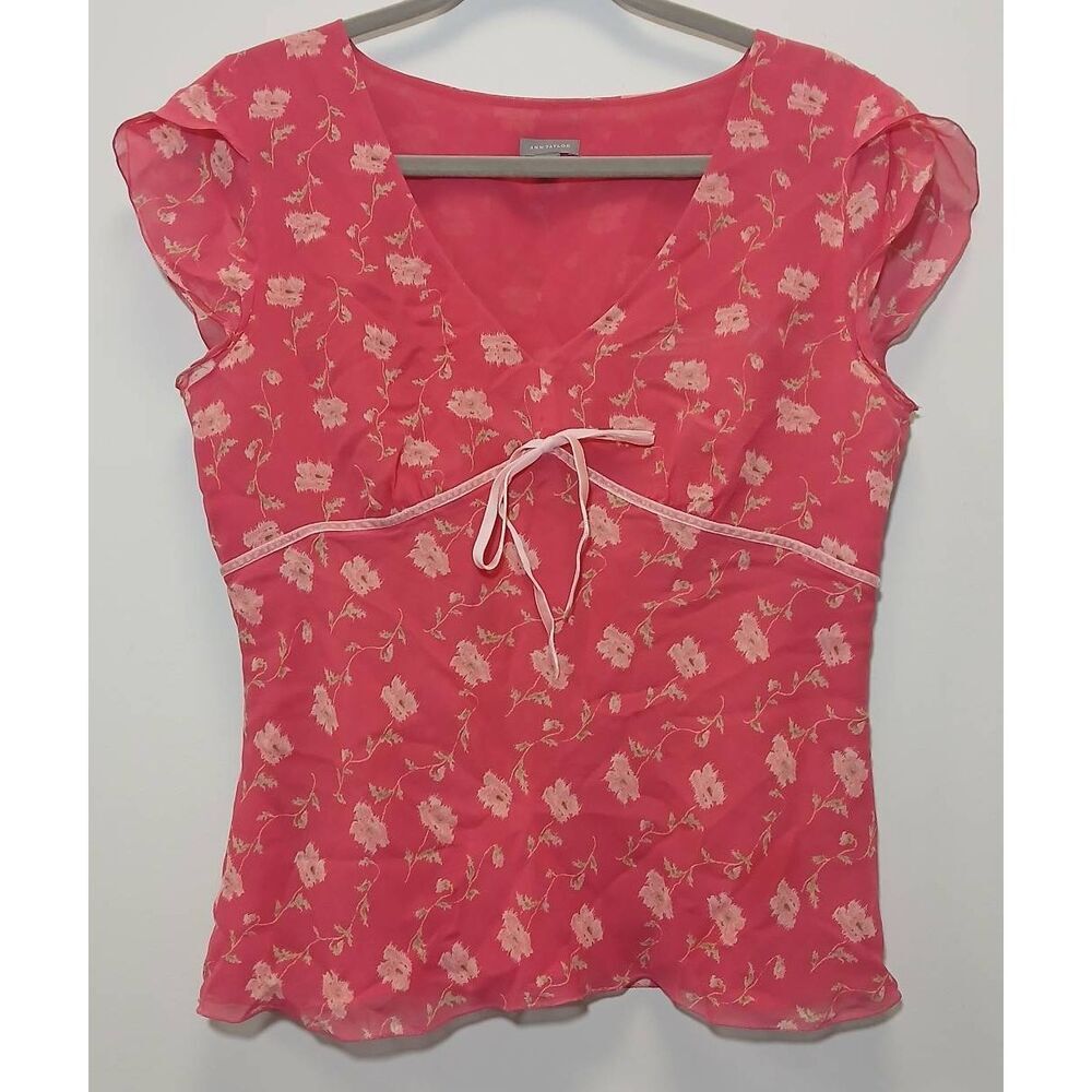 Y2k  ann Taylor large 100% silk blouse floral fudge pink top fairy boho ruffle - Picture 3 of 10